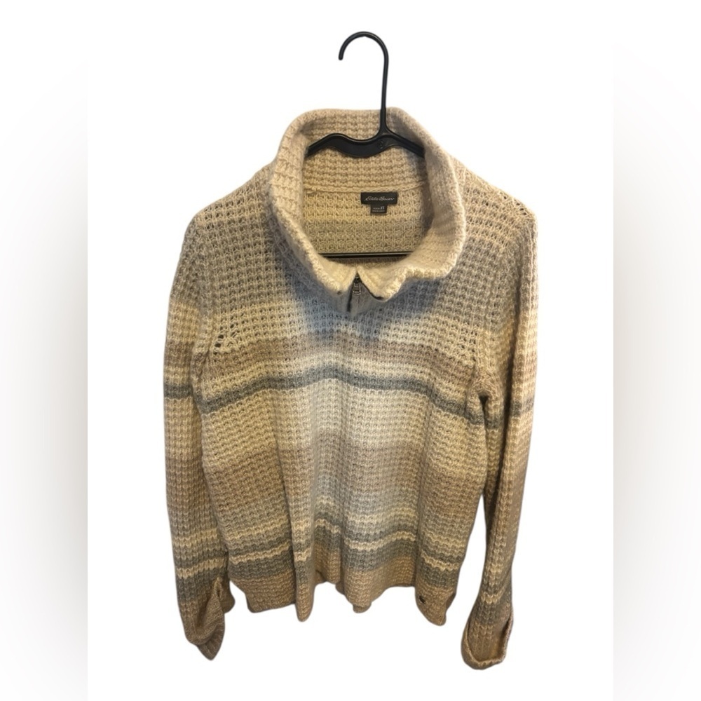 Cozy Women’s Knit Neutral Tones Striped Sweater w/ 1/4 Zip Collar by Eddie Bauer